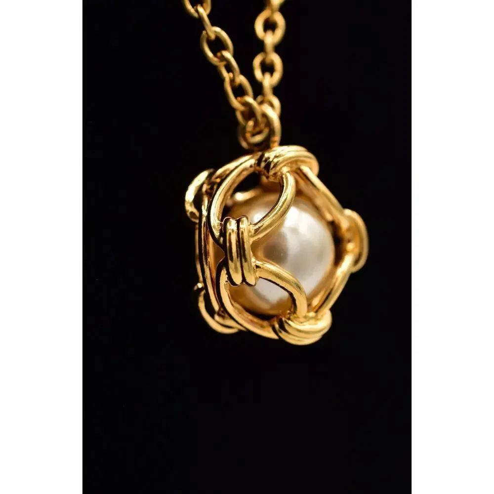 Joan Rivers Vintage Caged Pearl Pendant Necklace Gold Tone Chunky Signed BinBJ
